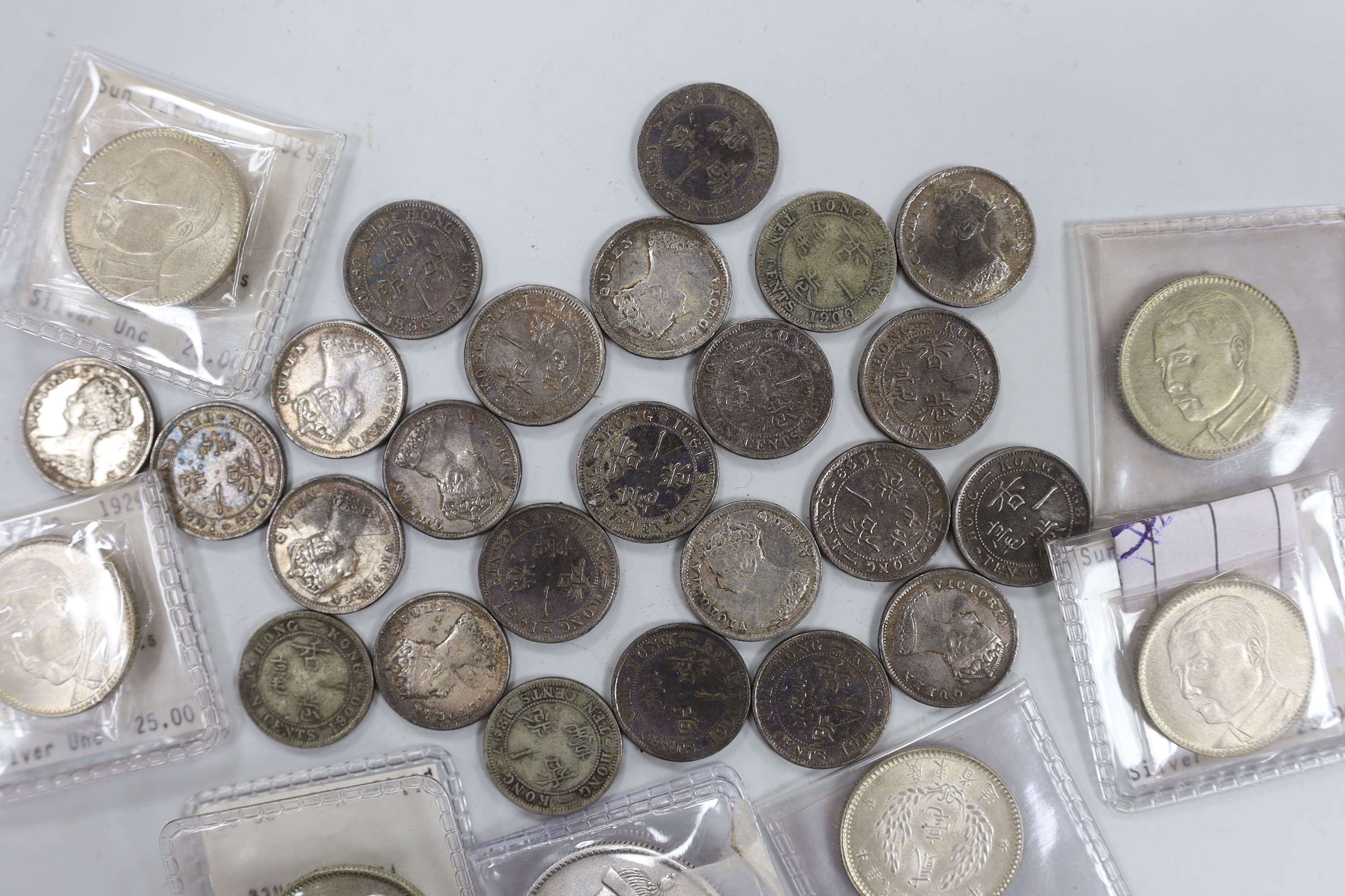 China - Tibet coin, 1 Rupee - In the name of Guangxu, 1875-1908, 24 Hong Kong ten cents (1898-1901) and a group of 2 Jiao, Kwangtung Province